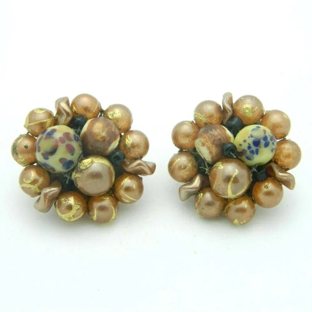 Japan Gold Blue Art Glass Bead Beaded Clip-On
